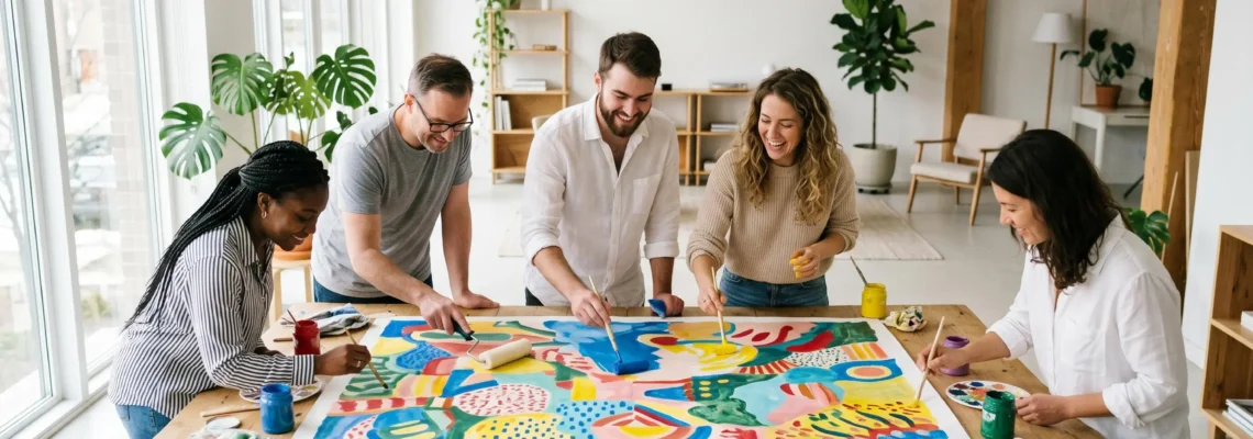 Équipe collaborant sur une fresque collective colorée lors d'un atelier créatif