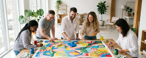Équipe collaborant sur une fresque collective colorée lors d'un atelier créatif