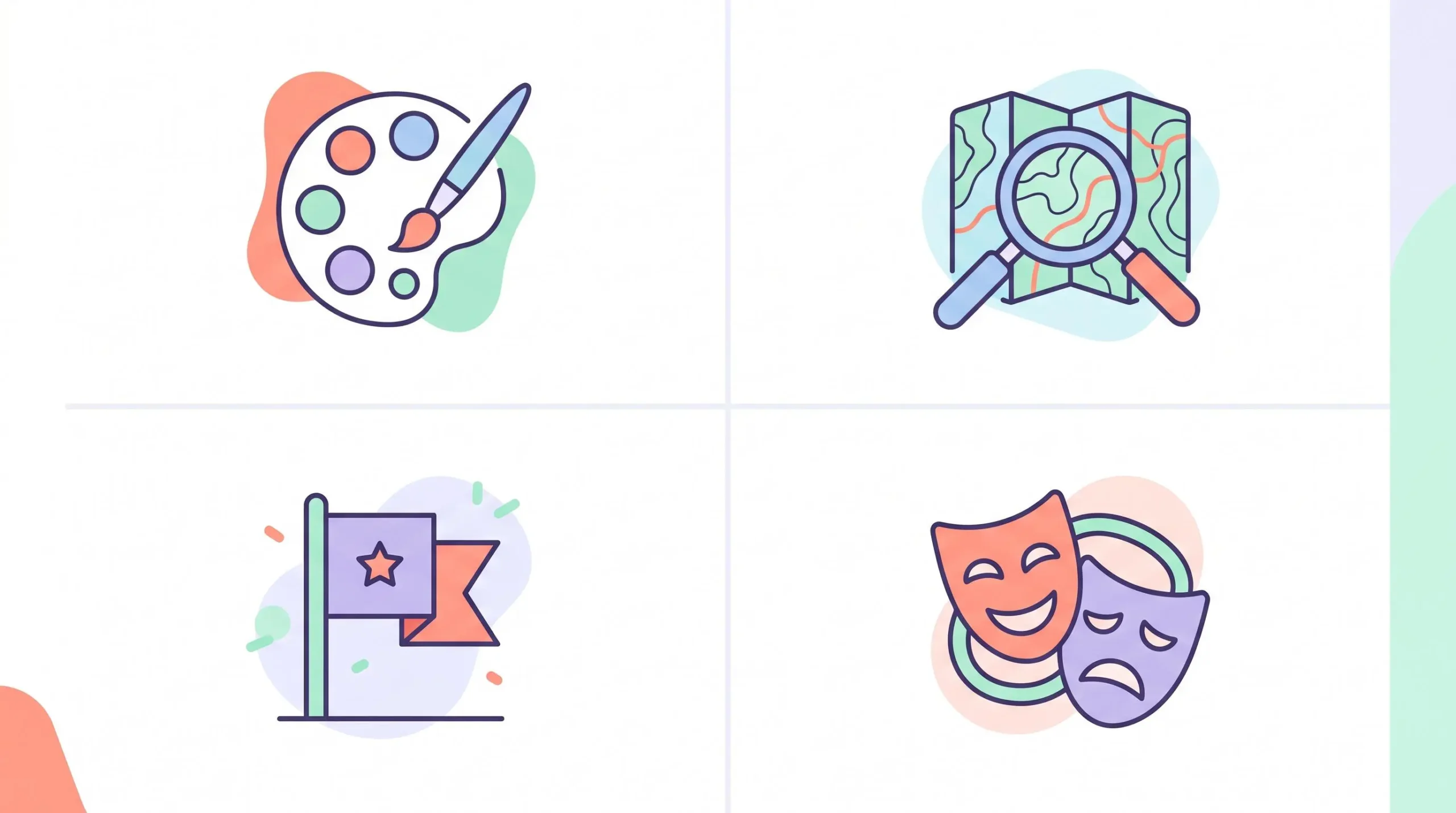 Icônes illustrant les 4 catégories d'ateliers créatifs et immersifs