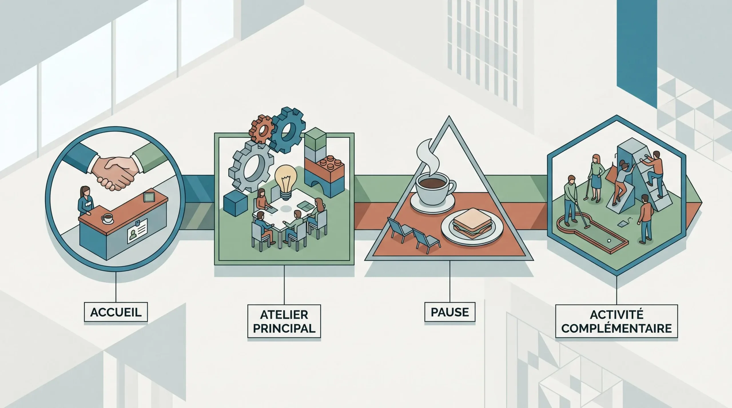 Timeline illustrée des 4 phases d'une journée d'ateliers créatifs